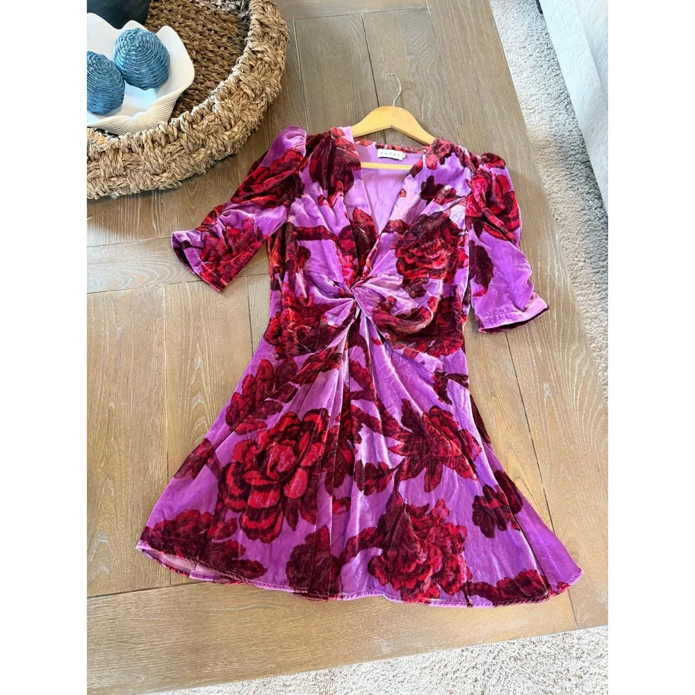 Rhode Leanna Mini Dress Womens Purple Red Velvet Floral Size M - Picture 5 of 9
